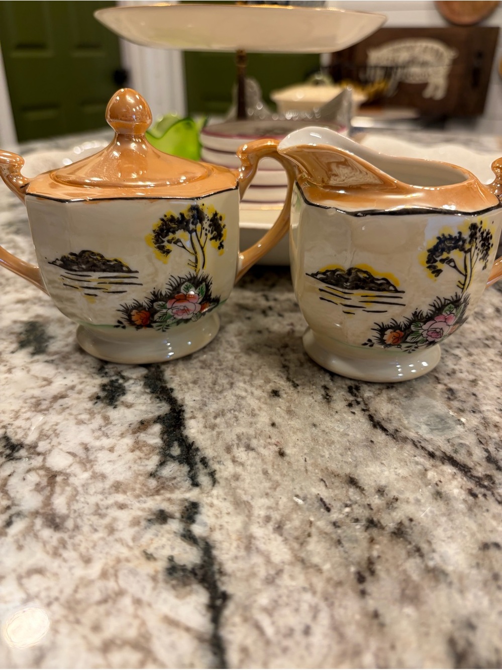 Cream and Peach Floral Creamer and Sugar Set